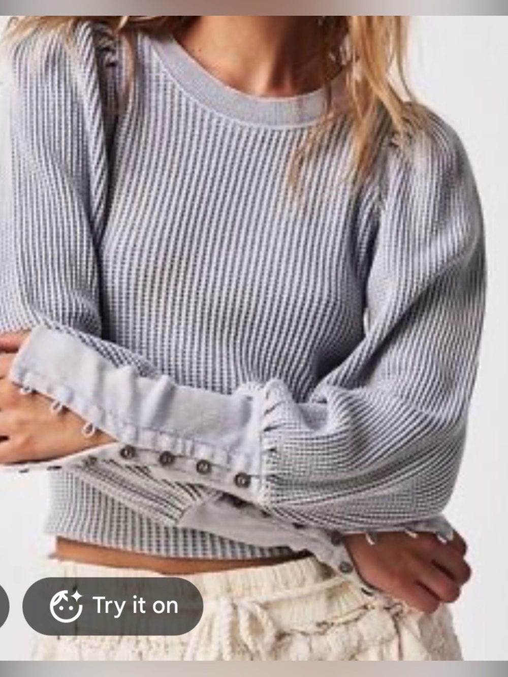 NWOT Free People Wesley Thermal Waffle Knit Top Puff Sleeves Blue Boho